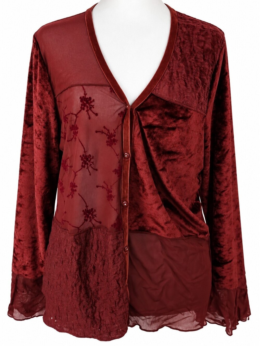 J Jill Women's Cardigan Mixed Media Vermillion Button-up Sz L Patchwork Burg.